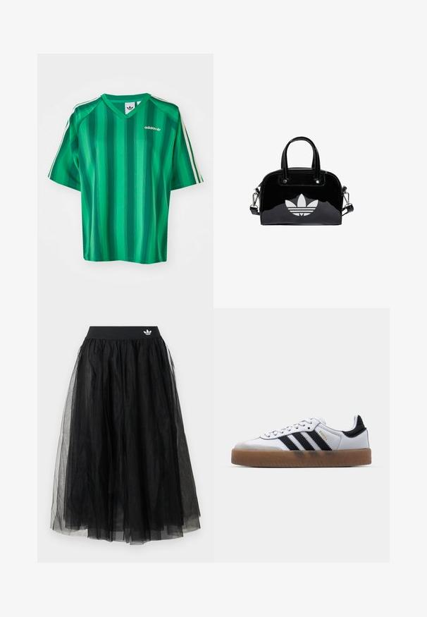 Grønstribet T-shirt med korte ærmer, V-hals og Adidas-logo. Har kontrasterende hvide sidelister og en glat, letvægtsstof.; Sort tylskørt med bred elastisk linning med hvidt logo. Skørtet har et lagdelt design, der skaber en voluminøs form.; Hvide lædersneakers med sorte striber, gummirubber sål, rund tå, snørelukning og blød grå ruskinds tåhætte.; Sort patentlæder håndtaske med rund form, to top-håndtag, sølvdetaljer og en fremtrædende hvid logo på fronten.