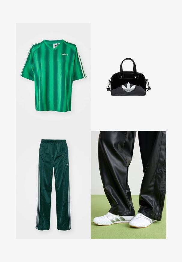 Grønstribet T-shirt med korte ærmer, V-hals og Adidas-logo. Har kontrasterende hvide sidelister og en glat, letvægtsstof.; Mørkegrønne træningsbukser lavet af skinnende materiale, med sidelister i lys grå og et broderet logo på venstre ben.; Sorte faux leather bukser med en løs pasform, der har en glat overflade og sidelister. Sammen med hvide sneakers med sølvdetaljer.; Sort patentlæder håndtaske med rund form, to top-håndtag, sølvdetaljer og en fremtrædende hvid logo på fronten.