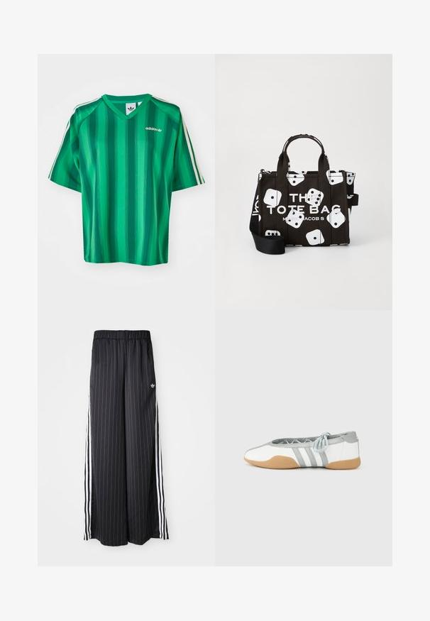 Vihreäraitrainen lyhythihainen t-paita, jossa on V-aukko ja Adidas-logo. Paidassa on kontrastiväriset valkoiset sivuraidat ja sileä, kevyt kangas.; Mustat leveät housut, joissa on pystysuorat valkoiset raidat, joustava vyötärö ja kolme valkoista raitaa sivulla. Adidas-logo edessä.; Valkoiset ja harmaat balleriinat pyöreällä kärjellä ja joustavalla nauhalla, joissa on kolme harmaata raitaa ja beige kumipohja.; Mustikka värinen kassi, jossa on teksturoitu kangas, valkoisia noppa-kuvioita ja rohkeaa tekstiä. Sisältää kaksinkertaiset kahvat ja irrotettavan olkahihnan.