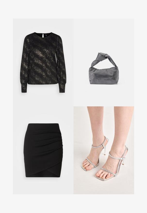 ONLY ONLPELLA FOIL PUFF - Pikkade varrukatega topp - black/gold; Must have mini seelik, mis on valmistatud venivast kangast, lõhestatud disainiga ja ümbritseva siluetiga, sujuva tekstuuri ja istuva vöökohaga.; Jalad kõrged hõbedased kontsakingad, millel on õhukesed rihmad ja ruudukujulised varbad, seisavad heleda pinnal.; Must musta ja hõbedane käekott, millel on tekstureeritud pind, millel on teemanti muster, sõlmega käepide ja struktureeritud kuju.