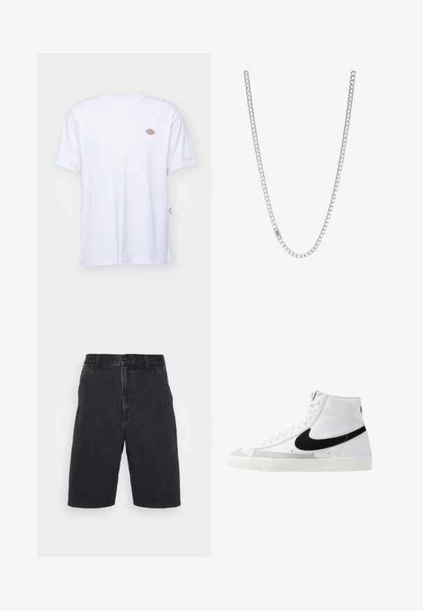 Weißes Baumwoll-T-Shirt mit V-Ausschnitt und kurzen Ärmeln. Besitzt ein kleines, buntes, gesticktes Logo auf der linken Brustseite. Weiches Material.; Schwarze Jeansshorts mit geradem Schnitt, mittelhohem Bund, vorderer Knopfleiste und sichtbaren Nähten.; Weiße High-Top-Sneaker mit einem schwarzen Swoosh, strukturiertem grauen Zehenkappeneinsatz und flacher weißer Sohle. Verfügt über sechs Ösen und genähte Akzente.; Silberne Kettenhalskette mit ineinandergreifenden Gliedern, glatter Textur und einheitlicher rechteckiger Form. Sicherer Verschluss.