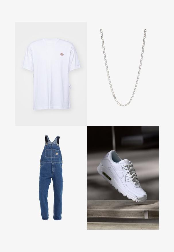 Witte katoenen t-shirt met een v-hals en korte mouwen. Kenmerkt zich door een klein kleurrijk geborduurd logo op de linkerkant van de borst. Zachte textuur.; Denim tuinbroeken in een middelblauwe tint, met verstelbare zwarte banden, meerdere zakken en metalen hardware accenten.; Witte leren sneaker met gestructureerde oppervlakken, gevoerde kraag en zichtbare luchtbescherming in de zool. Heeft veters en een minimalistisch ontwerp.; Zilveren ketting met in elkaar grijpende schakels, een gladde textuur en een uniforme rechthoekige vorm. Veilige sluiting.