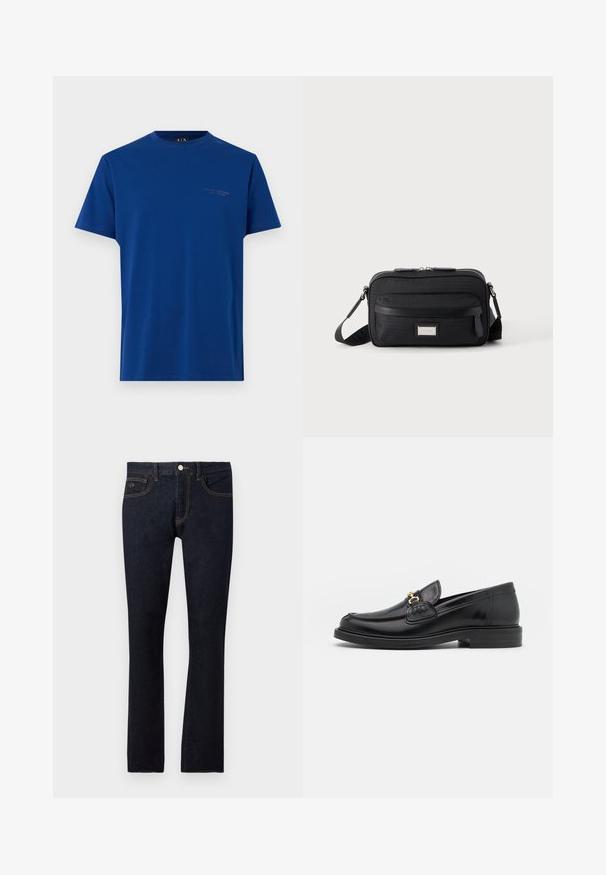 Blauw T-shirt met korte mouwen en een ronde hals, met een subtiele "Armani Exchange" tekstlogo op de bovenste linkerborst.; Donker indigo rechte spijkerbroek met knoopsluiting aan de voorkant, ritssluiting, ontwerp met vijf zakken en subtiele oranje stikselaccenten.; Zwarte leren instappers met een ronde neus, voorzien van een gouden hardware accent en stikdetails, geplaatst op een lage, getextureerde rubberen zool.; Zwarte rechthoekige crossbodytas met voorvak met ritssluiting, verstelbare schouderband en zilveren rechthoekige logo-plaat op effen achtergrond.