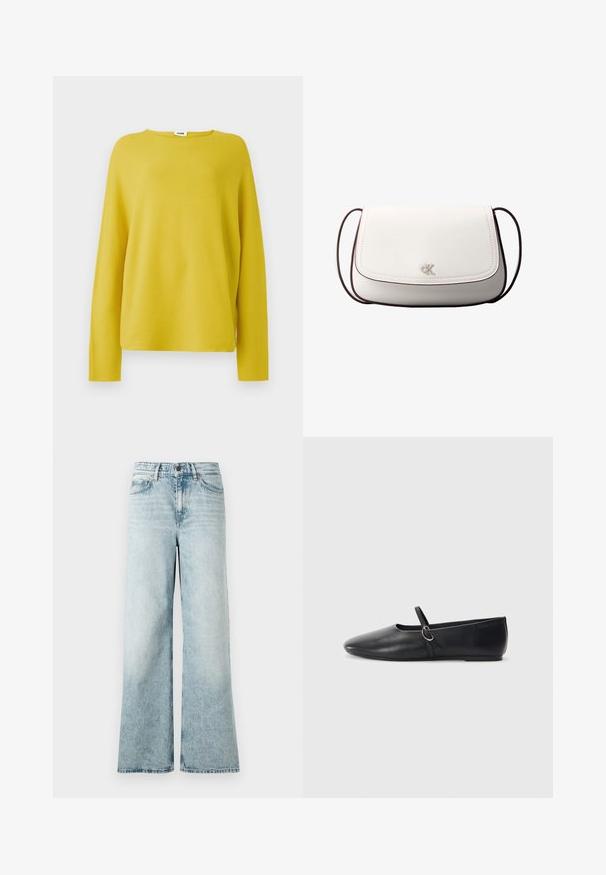 Pull en tricot jaune à manches longues et col rond. Texture douce et coupe décontractée, avec un design minimaliste.; Jean large bleu clair en denim, avec taille haute, ourlet court et une texture douce avec des détails décolorés.; Ballerines noires en cuir avec un bout pointu, une semelle plate et une petite sangle avec un détail de boucle en argent.; Sac bandoulière blanc avec fermeture à rabat, petit logo "cK" argenté centré, et fine sangle réglable marron foncé.