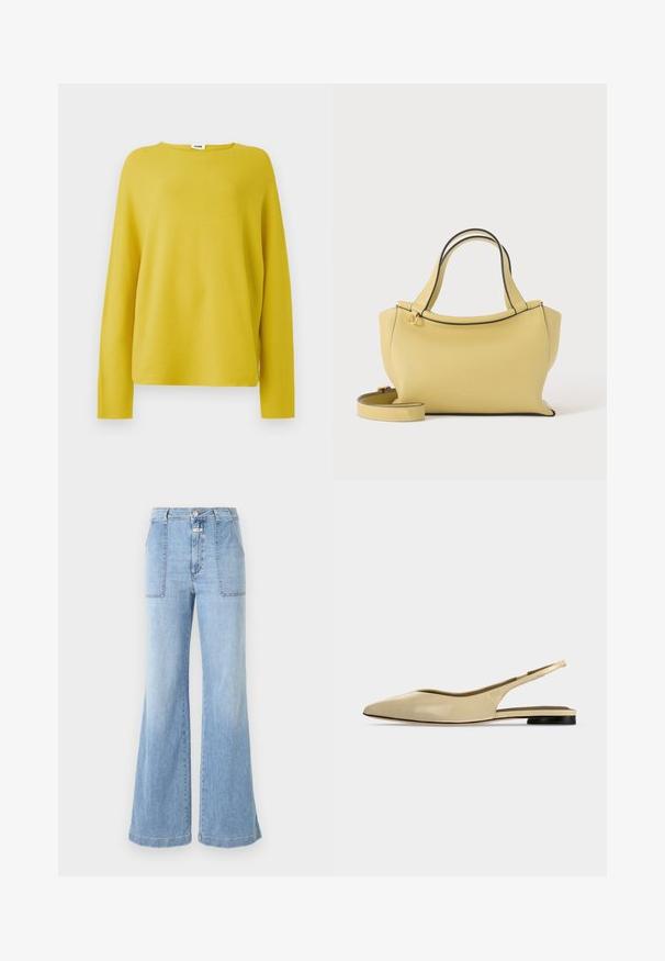 Gelber Strickpullover mit langen Ärmeln und rundem Ausschnitt. Weiche Textur und lockere Passform, mit minimalistischem Design.; CLOSED ARIA - Flared Jeans - light blue; Beiger Slingback-Ballerina mit spitzer Kappe, niedrigem schwarzem Absatz und glattem Lederfinish, seitlich auf einfarbigem Hintergrund gezeigt.; Gelbe Lederhandtasche mit doppelten oberen Griffen und abnehmbarem Schulterriemen, vor einem schlichten hellen Hintergrund.