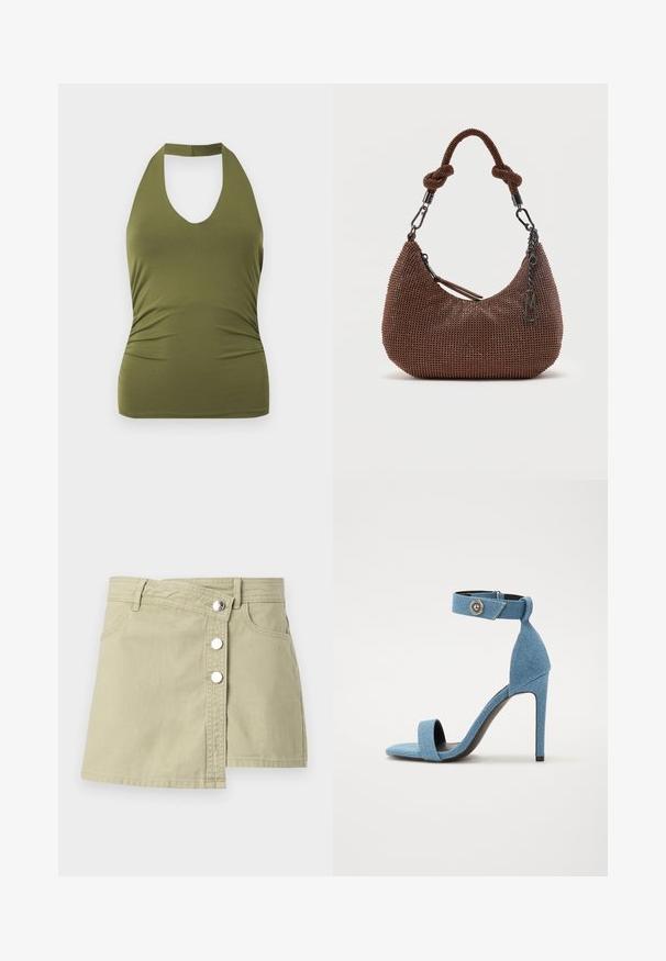 Haut dos nu vert olive avec un décolleté en V profond et une taille ajustée, présenté sur fond blanc.; Jupe portefeuille en jean beige avec boutons-pression argentés à l'avant et passants pour ceinture, présentant un léger chevauchement sur le côté droit avant.; Sandale à talon haut en denim bleu avec une bande de cheville et une fermeture à bouton. Caractéristiques d'un bout carré et d'une semelle noire pour le contraste.; Petit sac à main en forme de croissant, orné de perles marron, avec une poignée nouée, une fermeture éclair et un pendentif métallique logo suspendu.