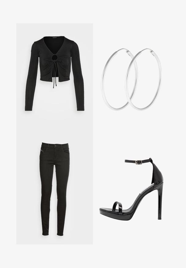 Even&Odd Longsleeve - black; Zwarte slim-fit jeans met voorzakken, riemlussen, knoopsluiting en rits, weergegeven tegen een witte achtergrond.; Steve Madden MILANO - Sandalen met hoge hak - black; Zilverkleurige oorringen met een gladde, ronde vorm en een gepolijste afwerking. Beide oorbellen zijn van dezelfde grootte en hebben een veilige sluitmechanisme.