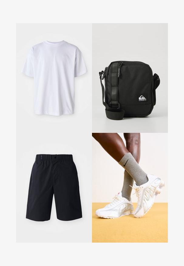 Witte katoenen t-shirt met een ronde hals en korte mouwen. Heeft een subtiele logo geborduurd in bijpassende kleur op de linkerborst.; Zwarte shorts van lichtgewicht stof, met een rechte voorkant, een elastische tailleband en zijzakken. Eenvoudig ontwerp zonder patronen.; Nike sneakers in het wit met zilveren accenten, met textuurpanelen en perforaties. Gecombineerd met grijze geribde sokken, tegen een gele achtergrond.; Compact zwarte crossbody tas met een verstelbare schouderband, een voorkant met ritssluiting en een klein wit Quiksilver logo label.