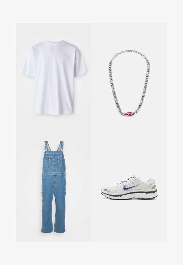 Hvid bomulds T-shirt med rund hals og korte ærmer. Har et diskret logo broderet i matchende farve på venstre bryst.; Lysblå denim overalls med justerbare stropper, frontlomme og sidelommer. Løs pasform med lige ben, lavet af bomuldsstof.; Nike Sportswear P 6000 - Sneakers - phantom/obsidian/summit white/white/black/metallic silver; Diesel NECKLACE - Halskæder - silver coloured