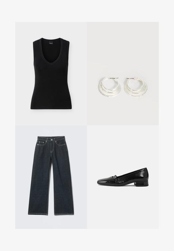 Sort ærmeløs ribstrikket top med dyb V-hals og tætsiddende silhuet.; Mørkeblå jeans med vide ben, foran med knapper, lynlås, bæltestropper og fem-lomme detalje på en ensfarvet lys baggrund.; Sorte patentlæder balletflade med spids tå, lav firkantet hæl og en lille metallisk spænde detalje på remmen. Glat tekstur.; Sølv hoop øreringe med tre lagdelte halvcirkelformede bånd, hvoraf det ene er udsmykket med små klare krystaller på en lys baggrund.