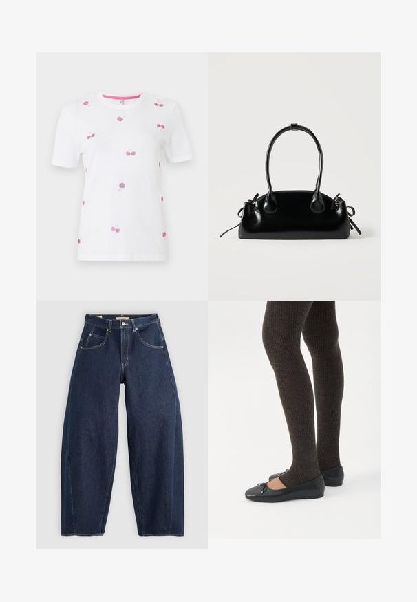 Hvid kortærmet T-shirt med lyserøde kirsebærmønstre spredt på forside og ærmer, med rund halsudskæring og lyserød indvendig kant.; Mørkeblå denim jeans med løs pasform, lyse syninger, fem lommer og en knaplukning ved taljen.; Ben iført mørke ribbede leggings kombineret med sorte balletsko med små sløjfedetaljer på hvid baggrund.; Lille sort blank håndtaske med to lange håndtag og snøre-detaljer i siden på en ensfarvet lys baggrund.