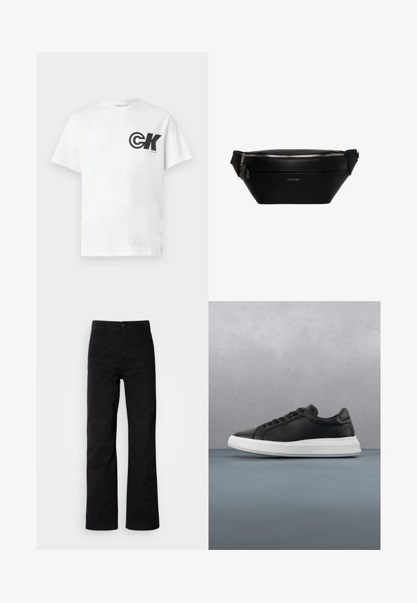 Weißes Baumwoll-T-Shirt mit einem schwarzen kreisförmigen "CK"-Logo und Schriftzug auf der linken Brustseite; Rundhalsausschnitt und kurze Ärmel, schlichtes Design.; Schwarze Baumwollhosen mit geradem Bein, ausgestattet mit einem Knopfverschluss und Gürtelschlaufen. Glatte Textur und minimalistischer Stil ohne sichtbare Muster.; Schwarze Ledersneaker mit glatter Oberfläche, weißer Gummisohle, rundem Design, sechs Ösen für die Schnürsenkel und dezentem Branding an der Ferse.; Schwarze Leder-Calvin Klein Gürteltasche mit silbernem Reißverschluss und verstellbarem Riemen, minimalistisches Logo vorne mittig.
