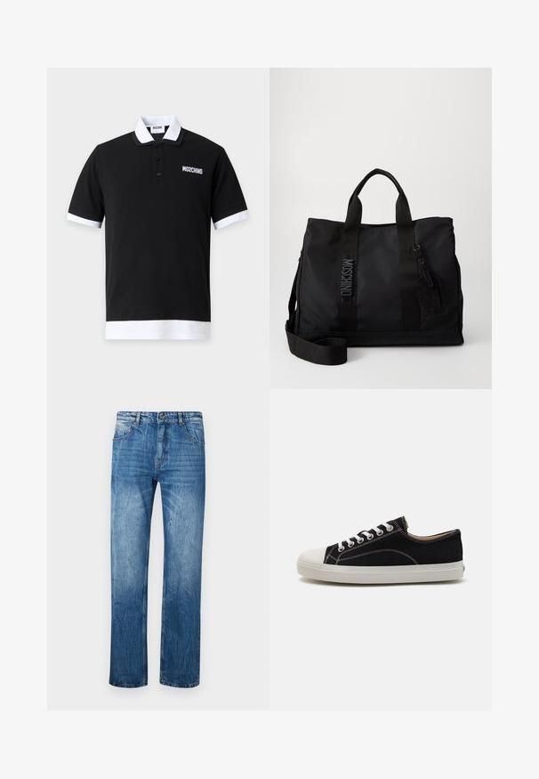 Sort poloshirt med hvid krave, ærmekanter og kant, med et lille hvidt Moschino-logo på brystet.; Blå denim jeans med lige fit, der har fem lommer, bæltestropper og subtilt slid på stoffet.; Sort kanvas sneakers med hvid gummi tå og sål, der har hvide snørebånd og kontrasterende syninger. Lavprofil design.; Sort nylon tote taske med dobbelthåndtag, justerbar skulderrem og præget logo-detail. Glat struktur med en tagskilt vedhæftning.