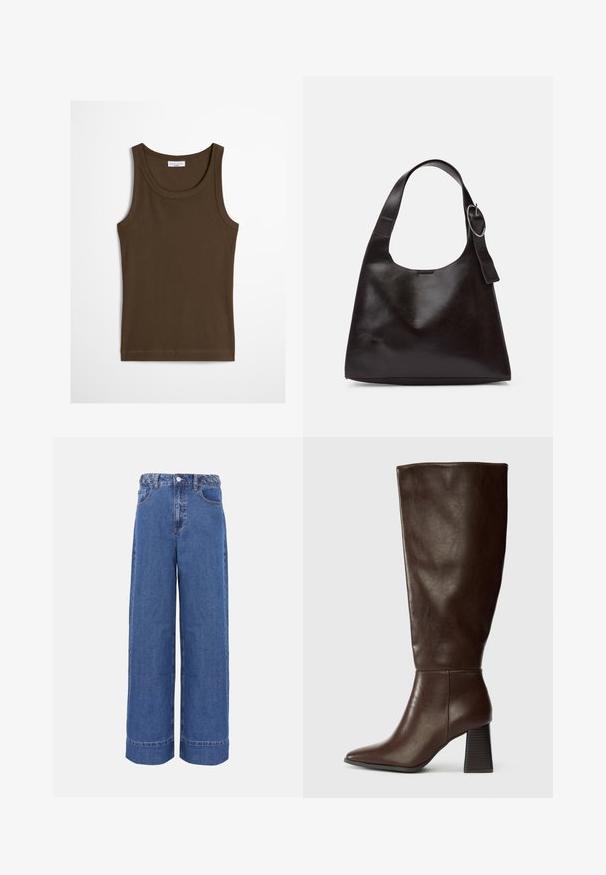 Débardeur côtelé marron sans manches avec encolure ronde, étiqueté Marc O'Polo Denim, posé à plat sur fond blanc.; Jean en denim bleu à jambes larges avec ceinture tressée, bouton frontal et poches, présenté sur un fond uni.; Botte en cuir marron hauteur genou avec un bout pointu et un talon texturé épais. Fini lisse avec des détails de couture minimaux.; Sac en cuir marron porté épaule avec une texture lisse, une forme arrondie, une large sangle et un accent métallique circulaire sur la poignée.