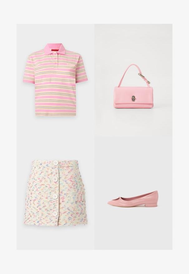 Kortærmet lyserød poloshirt med vandrette beige, hvide og sorte striber, knapper på kraven og lille logo på brystet.; Vævet stof miniskørt i lys creme med farverige sprøjt. Har fire store hvide knapper foran og en tekstureret overflade.; Lyserød laklæderballerina med spids tå, der har en lille sløjfedetalje på vampen og en lav, firkantet hæl.; Lyserød læderhåndtaske med en struktureret rektangulær form, et enkelt kort håndtag og en sølvfarvet lukke detalje på fronten.