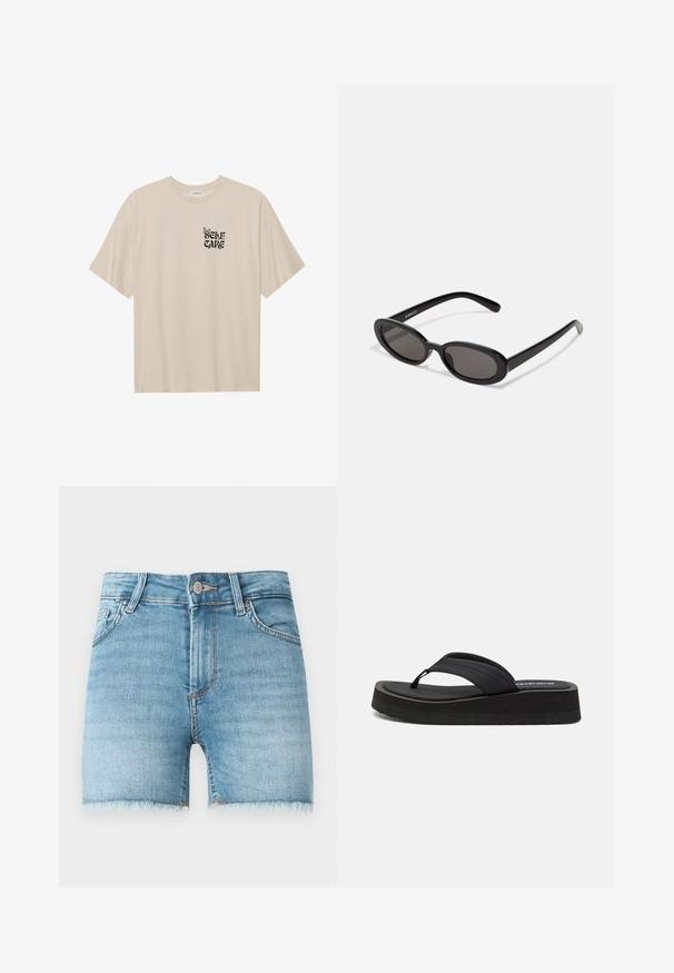 Camiseta de algodón beige con mangas cortas, un escote redondo y un estampado gráfico negro con la frase "CUIDADO PERSONAL" y un diseño de mariposa.; Pantalones cortos de mezclilla en azul claro con dobladillo deshilachado, cinco bolsillos y cierre de botón en la parte delantera. Presenta un ligero desgaste y un corte clásico.; Even&Odd Wide Fit Sandalias de dedo - black; Even&Odd Gafas de sol - black