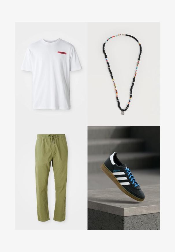 Camiseta de algodón blanca con cuello redondo, mangas cortas y un pequeño detalle gráfico rojo en el área del pecho izquierdo.; Pantalones de corte relajado en verde oliva con cinturilla elástica y cordón. Confeccionados en una tela suave con una textura lisa y perneras rectas.; Zapatilla negra Adidas con franjas blancas, cordones azules y suela de goma flotando sobre un escalón de hormigón gris con luz suave.; Collar con cuentas alternas negras y multicolores, con pequeños anillos de plata y un colgante rectangular de cuentas transparentes.