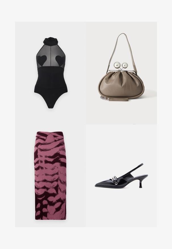 Sort halterneck-body med gennemsigtigt mesh øverst og solide hjerteformede lapper på brystet, tryklås ved skridtet.; Strikket blyantskirt i nuancer af pink og burgunder, med ribbet tekstur og abstrakt mønster. Høj talje med en subtil vridning.; Sort laklæderslingbacksko med lille hæl, spids tå og sølvsfarvet spænde på ensartet hvid baggrund.; Grå læderhåndtaske med rundet form, toplås med to store sølvkugler og en enkelt strop.