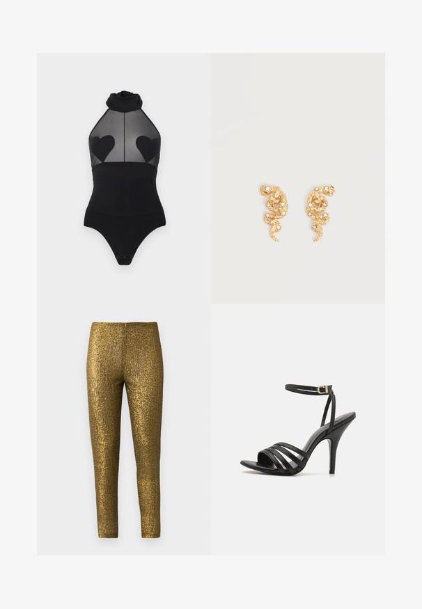 Sort halterneck-body med gennemsigtigt mesh øverst og solide hjerteformede lapper på brystet, tryklås ved skridtet.; Guld metallic leggings med en tekstureret, lodret stribe mønster. Stoffet har en blank overflade og en slank, tætsiddende silhuet.; Sort stiletto sandal med remme, en slank ankelrem, åben tå og en glat finish. Har en slank hæl og et tekstureret remdesign.; Øreringe i guldfarve formet som slanger, pyntet med små klare krystaller på en ensfarvet lys baggrund.