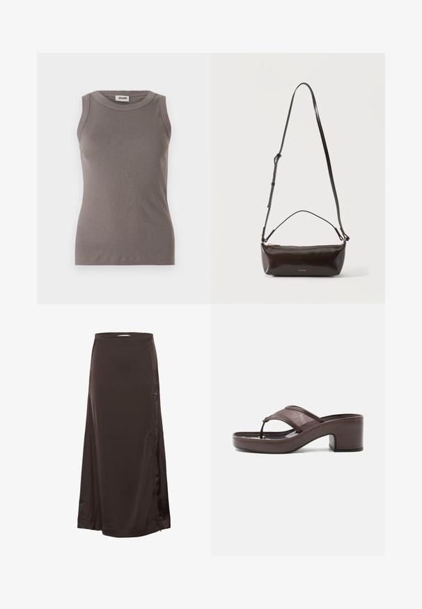 Top de tirantes gris con cuello redondo y diseño sin mangas, confeccionado en una suave tela texturizada. Silueta simple y ajustada.; Larga falda de satén marrón oscuro con cintura entallada y sutil abertura lateral, textura suave y ligero brillo.; Sandalia marrón con tacón, banda de malla y diseño de tira, con tacón cuadrado y suela cosida, mostrada de perfil sobre fondo blanco.; Pequeño bolso de hombro de cuero marrón oscuro brillante con correa ajustable, asa superior y cierre de cremallera dorado.