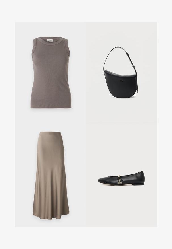 Top de tirantes gris con cuello redondo y diseño sin mangas, confeccionado en una suave tela texturizada. Silueta simple y ajustada.; Larga falda de satén marrón con una textura suave, que presenta una silueta fluida y un dobladillo ligeramente acampanado. Sin hardware visible ni patrones.; Zapato plano de piel negra con puntera redondeada y pequeño detalle de hebilla dorada en el lateral, mostrado sobre un fondo claro y liso.; Bolso de hombro de cuero negro en forma de media luna, con correa ajustable y logo dorado "BOSS" centrado en el frente.