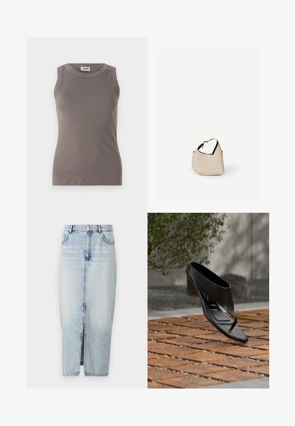 Grå ribbede tanktop med rund halsudskæring og ærmeløs design, lavet af et blødt, tekstureret stof. Enkel, tætsiddende silhuet.; Lyseblå denimnederdel med en frontslids, høj talje, fem lommer og synlige syninger. Har et klassisk design og en glat tekstur.; Sort højhælet sandal med thongsrem, svævende over et mønstret træ- og grusbelagt udendørsareal med sløret grønt område og væg i baggrunden.; Beige læder håndtaske i halvmåneform med en enkelt skulderrem og minimal syning, sat mod en ensartet hvid baggrund.