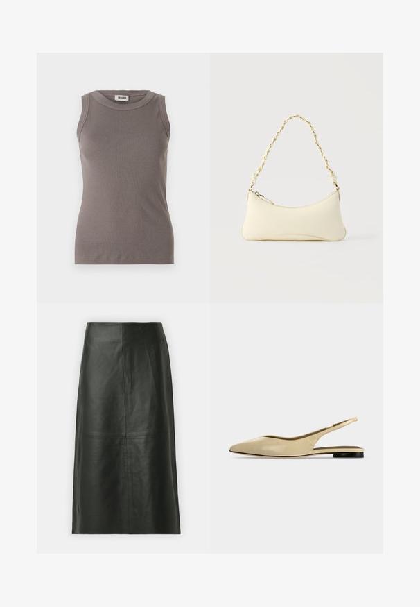 Top de tirantes gris con cuello redondo y diseño sin mangas, confeccionado en una suave tela texturizada. Silueta simple y ajustada.; Falda midi de cuero negro con corte recto. Textura suave, costuras mínimas y cinturilla ajustada. Sin bolsillos visibles ni detalles adicionales.; Zapato plano beige con puntera puntiaguda, diseño slingback, tacón bajo negro y acabado en cuero liso, mostrado de perfil sobre un fondo liso.; Bolso pequeño de color crema con forma curva y asa de cadena trenzada en tono dorado, cierre con cremallera en la parte superior