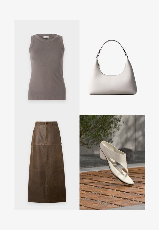 Grå ribbede tanktop med rund halsudskæring og ærmeløs design, lavet af et blødt, tekstureret stof. Enkel, tætsiddende silhuet.; Brun læder midi-nederdel med høj talje, frontlommer og en glat overflade med synlige syninger.; Hvid læderhæl sandal med bred rem og tåpost, vist udendørs på en overflade med træ og grusfliser med grønt i baggrunden.; Cremefarvet skuldertaske i læder fra Calvin Klein med buet topkant, sølvfarvet lynlås og mørkebrun justerbar rem.