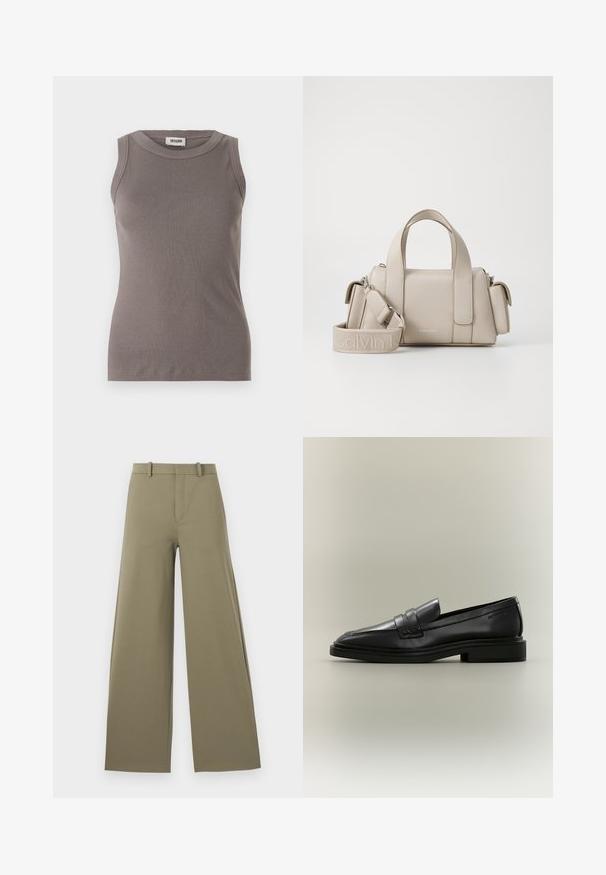 Top de tirantes gris con cuello redondo y diseño sin mangas, confeccionado en una suave tela texturizada. Silueta simple y ajustada.; Pantalones de pierna ancha en oliva claro con una textura suave, con cremallera frontal, cinturilla con trabillas y dos bolsillos laterales.; Mocasín penny de cuero negro con tacón bajo, puntera redondeada y detalles cosidos sobre un fondo neutro.; Bolso beige con diseño estructurado, hecho de material sintético. Cuenta con dos asas superiores, una correa para el hombro desmontable y un bolsillo con cremallera.