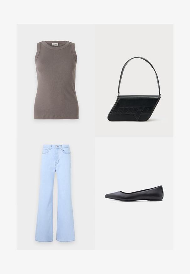 Débardeur gris côtelé avec un col rond et un design sans manches, fabriqué à partir d'un tissu doux et texturé. Silhouette simple et ajustée.; Jean évasé bleu clair taille haute, doté de cinq poches, d'une fermeture à bouton et d'une texture denim lisse. Les bords sont soigneusement cousus.; Chaussure plate en cuir noire à bout pointu avec petit talon, vue de profil sur fond blanc.; Sac d'épaule en cuir noir de forme triangulaire, avec un logo embossé et une seule bandoulière réglable. Design minimaliste avec une texture lisse.