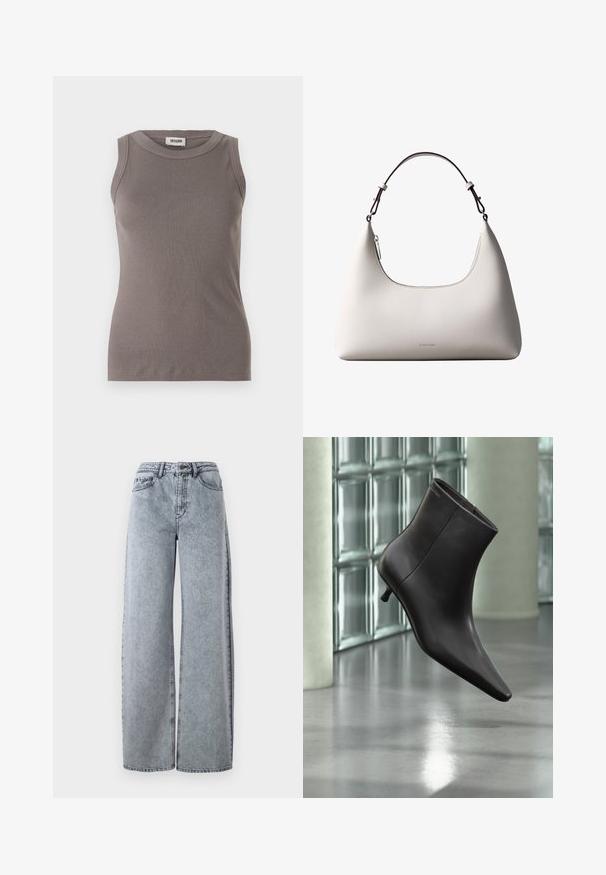 Grå ribbede tanktop med rund halsudskæring og ærmeløs design, lavet af et blødt, tekstureret stof. Enkel, tætsiddende silhuet.; Lysvasket denim brede bukser med høj talje, der har forlommer, bæltestropper og kontrastsyninger.; Sort læderankelstøvle med spids tå og lille hæl vist mod en væg af glasblokke og poleret gulv baggrund.; Cremefarvet skuldertaske i læder fra Calvin Klein med buet topkant, sølvfarvet lynlås og mørkebrun justerbar rem.