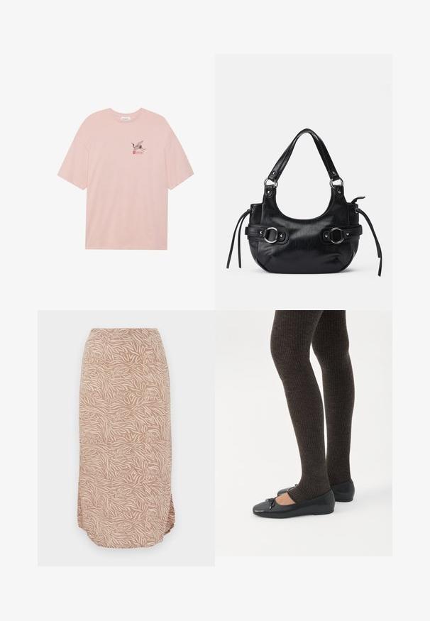 Lyserød bomulds t-shirt med et sort grane-grafik med røde detaljer og ordet "SAKURA." Afslappet pasform og rund halsudskæring.; Midi-længde beige nederdel med abstrakt blomster- og zebrastribet mønster, der har en buet kant og blødt, letvægtsstof.; Ben iført mørke ribbede leggings kombineret med sorte balletsko med små sløjfedetaljer på hvid baggrund.; Sort læderhåndtaske med en rund form, der har to sidelukninger, en glat tekstur og en kort skulderrem. Der er pynt i form af sidekæder.