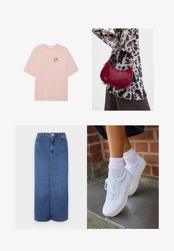 Lyserød bomulds t-shirt med et sort grane-grafik med røde detaljer og ordet "SAKURA." Afslappet pasform og rund halsudskæring.; Mørkeblå denim maxiskørt med lige snit, talje med knaplukning og minimale syninger.; Hvide lærreds sneakers med gummisåler, der har seks snørehuller, rund tå og let sømdetaljer, krydret med hvide ankelstrømper.; Kvinde iført en sort- og hvidmønstret bluse, der holder en blank rød skuldertaske mod en ensfarvet baggrund.