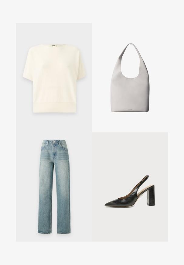 Romantop met korte mouwen in crème, met een ontspannen pasvorm, geribbelde zoom en ronde halslijn; gemaakt van zachte, lichte stof.; Copenhagen Muse JEANNE PANTS - Relaxed fit jeans - medium dirty washed denim; Zwarte leren slingback schoen met spits toelopend neusje, hoge blokhak en beige binnenvoering tegen een effen lichte achtergrond.; Witte leren totebag met een enkele schouderriem, zachte textuur en een discreet Calvin Klein-logo nabij het midden onderaan.