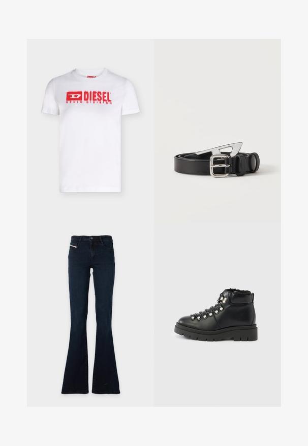 Άσπρο κοντομάνικο T-shirt με κόκκινο λογότυπο Diesel και κείμενο "DENIM DIVISION" στο κέντρο μπροστά.; Σκούρο μπλε τζιν με ψηλή μέση και καμπουρωτό πόδι, μπροστινές τσέπες, κούμπωμα με κουμπί και φερμουάρ.; Μαύρο δερμάτινο μποτάκι αστραγάλου με υφή, στρογγυλή μύτη, μεταλλικές τρύπες για κορδόνια και χοντρή ελαστική σόλα. Λεπτομέρεια γιακά με επένδυση από φλίς.; Μαύρη δερμάτινη ζώνη τυλιγμένη με ασημένια ορθογώνια αγκράφα και μοναδική ασημένια γεωμετρική άκρη σε λευκό φόντο.