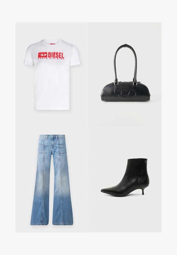 Camiseta blanca de manga corta con un logo rojo de Diesel y el texto "DENIM DIVISION" en el centro delantero.; Vaqueros acampanados de color azul claro hechos de mezclilla. Cuentan con una cintura alta, cuatro bolsillos y un efecto de degradado desvaído hacia el dobladillo.; Botín de piel negra con puntera puntiaguda y tacón bajo estilo kitten sobre fondo claro, mostrando vista lateral exterior.; Bolso de cuero negro con asas largas dobles y logo ovalado en relieve en la parte delantera, mostrado sobre un fondo claro y liso.
