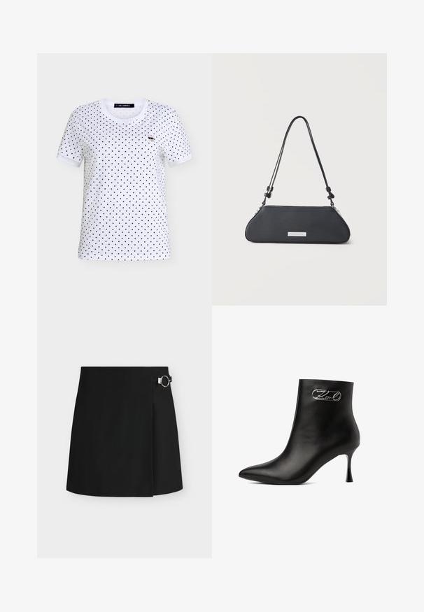 T-shirt blanc à manches courtes avec des pois noirs et une petite icône de dessin animé d’une personne portant des lunettes de soleil sur la poitrine gauche.; Mini-jupe noire avec un design portefeuille et une boucle circulaire argentée du côté droit, sur fond blanc.; Bottine en cuir noir avec bout pointu, talon fin et boucle décorative argentée sur le côté extérieur près du haut.; Sac d'épaule en cuir noir avec une forme trapézoïdale allongée, une sangle réglable et une plaque de marque rectangulaire argentée à l'avant.