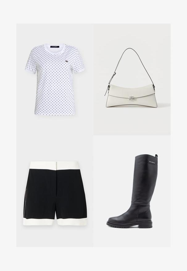 Camiseta blanca de manga corta con lunares negros y un pequeño icono de dibujos animados de una persona con gafas de sol en el pecho izquierdo.; Pantalones cortos negros con cinturilla y dobladillo blancos, con un sutil detalle de cremallera lateral, mostrados sobre un fondo liso.; Bota negra alta de cuero con tacón bajo cuadrado, suela de gran relieve y una pequeña etiqueta rectangular cerca de la parte superior que muestra el nombre de la marca.; Bolso de hombro de cuero blanco con solapa curvada, borde negro, correa ajustable y cierre decorativo plateado sobre un fondo liso.