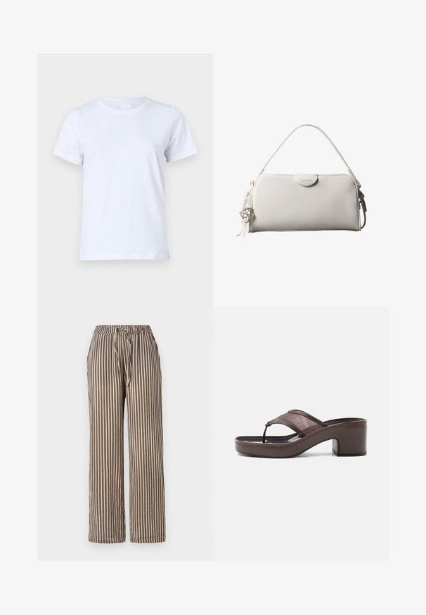 Camiseta de algodón blanca, de manga corta, diseño clásico de cuello redondo, textura lisa sin patrones ni acentos, ajuste estándar, simple y versátil.; Pantalones de pierna ancha a rayas en beige con rayas verticales en azul marino. Cuentan con una cinturilla elástica con cordón y bolsillos laterales. Textura de tejido suave.; Sandalia marrón con tacón, banda de malla y diseño de tira, con tacón cuadrado y suela cosida, mostrada de perfil sobre fondo blanco.; Bolso rectangular blanco de Calvin Klein con un solo asa, diseño minimalista y borlas decorativas con un charm metálico geométrico en el lateral.