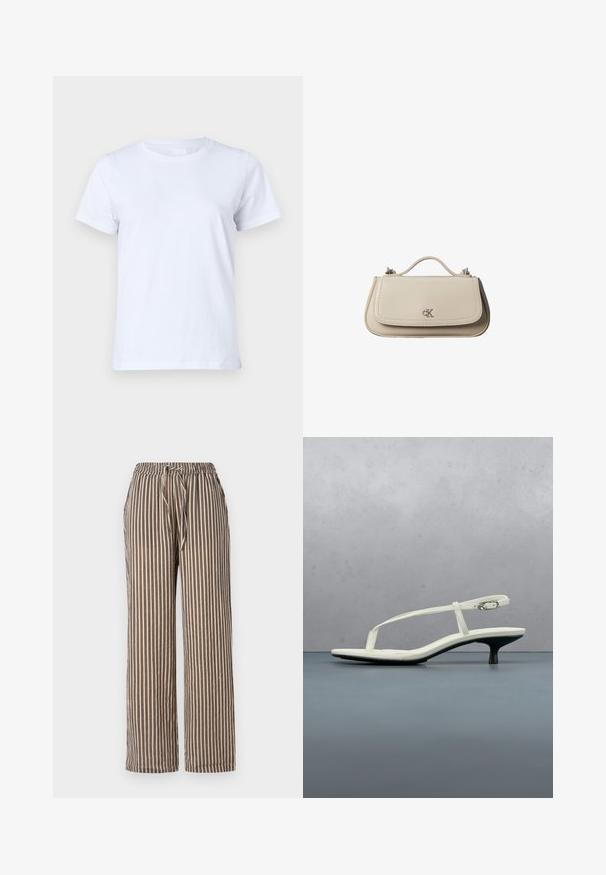 Hvid bomulds T-shirt, korte ærmer, klassisk crew neck design, ensartet tekstur uden mønstre eller accenter, standard pasform, enkel og alsidig.; Bredde bukser med striber i beige med marineblå lodrette striber. De har en elastisk talje med snøre og sidelommer. Blød stoftekstur.; Hvid sandal med stropper og kitten-hæl med spids tå, svævende over et trægulv udendørs med en sløret plante og væg i baggrunden.; Lille beige læderhåndtaske med top håndtag og sølv CK-logo på frontklap, vist mod en hvid baggrund.