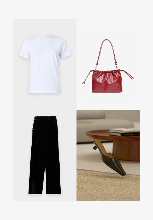 Witte katoenen T-shirt, korte mouwen, klassiek ronde hals ontwerp, effen textuur zonder patronen of accenten, standaard pasvorm, eenvoudig en veelzijdig.; Zwarte fluwelen broek met brede pijpen, een hoge taille en een zijrits, weergegeven tegen een witte achtergrond.; Zwarte leren mule met een lage geometrische hak op een beige vloerkleed, nabij een ronde houten salontafel met gestapelde boeken.; Rode handtas van lakleer met een geplooide bovenkant, verstelbare schouderband en zijdelinten. Gladde textuur met subtiele verticale lijnen.