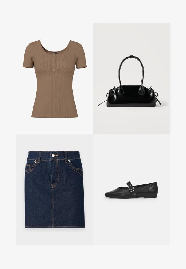 Bruin geribd topje met korte mouwen, ronde hals en vier kleine ronde zilveren knopen op de voorkant.; Donkerblauwe denim rok met zichtbare stiksels, vijf zakken en een knoopsluiting aan de voorkant. Rechte snit met een schone zoomlijn.; Zwarte leren platte schoen met een ronde neus, een enkele verstelbare gespsluiting en een gladde, glanzende textuur. Minimalistisch ontwerp met een lage hak.; Kleine zwarte glanzende handtas met twee lange hengsels en zijkant trekkoord details op een effen lichte achtergrond.
