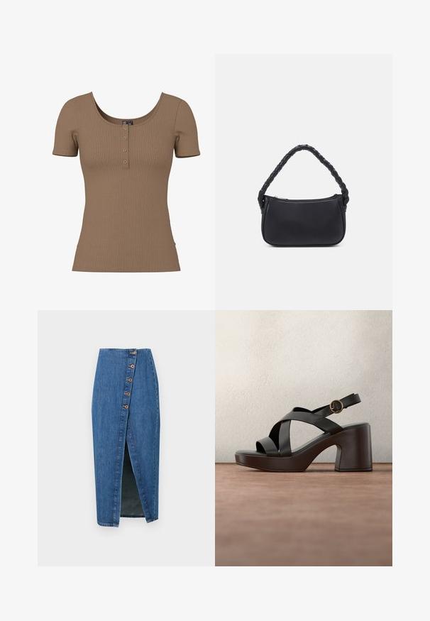 Bruin geribd topje met korte mouwen, ronde hals en vier kleine ronde zilveren knopen op de voorkant.; Denim kokerrok in mediumblauw met een voornaad, voorzien van zes bronzen knopen langs de zijnaad. Soepele textuur en een aansluitend ontwerp.; Zwarte plateauzandalen met gekruiste bandjes en gouden gesp, zwevend boven een grijs tapijt met een wazige raamachtergrond.; Zwarte handtas met een ronde vorm, gemaakt van glad materiaal. Heeft een gevlochten handvat en een ritsluiting voor veilige opslag.