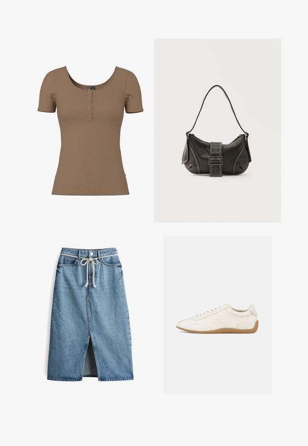Braunes, kurzärmliges, geripptes Oberteil mit Rundhalsausschnitt und vier kleinen runden silbernen Knöpfen auf der vorderen Blende.; Denim-Midi-Rock, hellblau, mit Schlitz vorne, Kordelzugbund, klassischem Fünf-Taschen-Design und Kontrastnähten.; Weißer Ledersneaker mit glatter Textur, abgerundetem Zehenbereich und tonalen Nähten. Verfügt über eine braune Gummisohle und eine Schnürverschluss.; Schwarze Leder-Schultertasche mit Schnallengurt-Detail, abgerundeten Kanten und kontrastierenden weißen Nähten auf schlichtem Hintergrund.