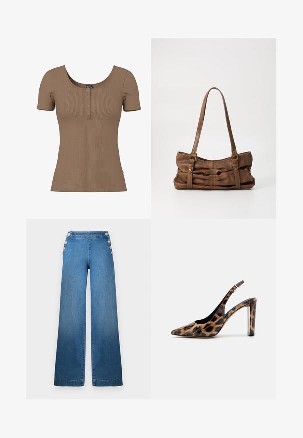 Brun kortærmet top med ribbet tekstur, rund halsudskæring og fire små, runde sølvknapper på frontstykke.; Bredde ben blå denim bukser med høj talje, knappede sidde accenter og en ren kant. Stoffet har en glat tekstur med let falmning.; Sandalet med leopardprint, spids tå og gennemsigtig blokhæl. Lavet af blankt materiale med en glat overflade.; Even&Odd Håndtasker - brown