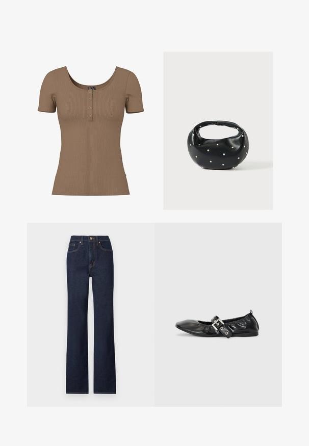 Brun kortærmet top med ribbet tekstur, rund halsudskæring og fire små, runde sølvknapper på frontstykke.; Mørkeblå denim jeans med lige ben, featuring en frontlukning med knap, fem lommer og kontrasterende syninger.; Sorte læder flade sko med spids tå, samling detaljer omkring åbningen, og en sølv spænde accent på den justerbare rem.; Sort læderhåndtaske med en rundet form, dekoreret med sølvnitter, og et kort håndtag. Glat tekstur og lynlåslukning.