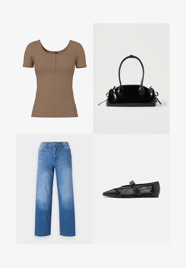 Haut marron côtelé à manches courtes avec encolure dégagée et quatre petits boutons ronds en argent sur la patte de boutonnage avant.; Jean en denim bleu clair à jambe large, avec cinq poches, un zip sur le devant et un léger délavage sur les cuisses. Finitions propres.; Chaussure plate noire avec un bout pointu, panneaux latéraux en maille et une sangle avec une boucle décorative. Fini lisse sur les sections du bout et du talon.; Petit sac à main noir brillant avec deux longues anses et des détails à cordon sur les côtés sur un fond clair uni.