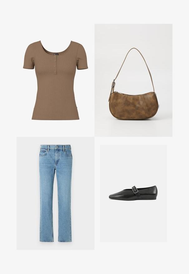 Brun kortærmet top med ribbet tekstur, rund halsudskæring og fire små, runde sølvknapper på frontstykke.; Lysblå denimjeans med lige pasform, fem lommer, knap- og lynlåslukning samt subtil fading. Klassisk, enkelt design.; Sorte læder flade sko med spidse tæer, prydet med en metallisk spænde over vristen og en lav, fleksibel sål.; Brun faux læder skuldertaske med en buet form, en enkelt strop, kontrasterende syninger og en lynlåslukning langs den øverste kant.