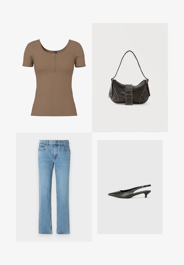 Brun kortærmet top med ribbet tekstur, rund halsudskæring og fire små, runde sølvknapper på frontstykke.; Lysblå denimjeans med lige pasform, fem lommer, knap- og lynlåslukning samt subtil fading. Klassisk, enkelt design.; Sorte spidse slingback-sko lavet af glat læder. Har en tynd hæl og en spænde detalje på den justerbare rem.; Sort læder skuldertaske med spænde på remmen, afrundede kanter og kontrasterende hvide syninger på en ensfarvet baggrund.
