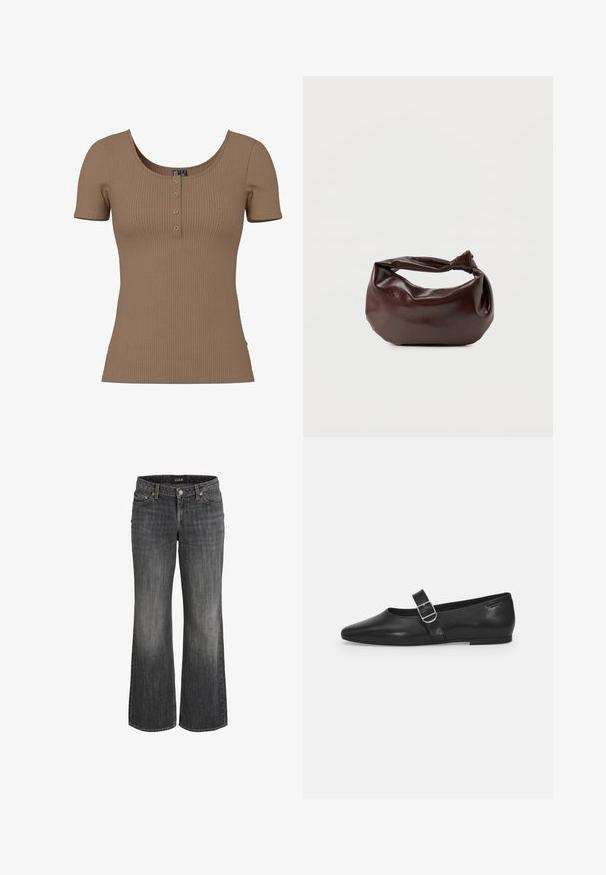 Top corto marrón con manga corta acanalada, escote redondo y cuatro pequeños botones plateados redondos en la tapeta frontal.; Vaqueros negros descoloridos de pierna recta con botón frontal, trabillas para cinturón y diseño de cinco bolsillos.; Zapato plano de cuero negro con punta redondeada, una sola correa ajustable con hebilla y una textura suave y brillante. Diseño minimalista con un tacón bajo.; Bolso de hombro de cuero marrón oscuro con una forma suave y caída, y un asa con nudo torcido sobre un fondo blanco liso.